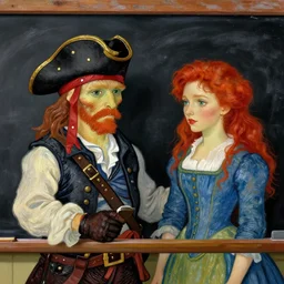 blackboard the pirate goes on a date with a woman with red hair, in the style of van gogh, high quality artstation