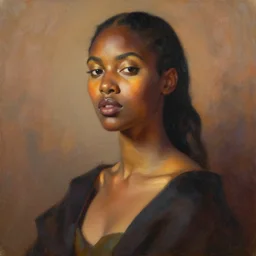 detailed portrait in daring femininity, ethnic, statuesque, confident realistic face, warm glow, bathed in morning light, side lighting, painterly, radiosity, impressionism, warm earthy natural color scheme with contrasting highlights, modern fashion, contemporary art, deep rich hues, oil on canvas