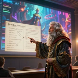 A bearded wizard points at a linguistics chart in front of a lecture hall, colorful digital 2d fantasy art