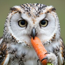 scenic photo of an owl eating a carrot. focus on the owl's beak and eye. intricate eye. extremely large wings. extreme detail, hyperrealistic photo