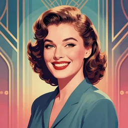 smiling, happy, beautiful, intelligent, powerful 1 9 2 0 s movie star with loving eyes, casually clothed, wise, beautiful, dramatic lighting, sharp focus, art deco patterns by stanley artgerm, retro futurism, dramatic lighting, trending on artstation, flat colour, gradient filter