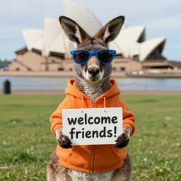 a high quality closeup macro portrait photo of a kangaroo wearing an orange hoodie and blue sunglasses standing on the grass in front of the sydney opera house holding a sign on the chest that says welcome friends!, extremly detailed, cinematic