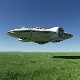Spaceship carrier hovering over a green grassy field on an alien planet at daylight, blue sky, by John Harris, Federico Pelat, Ivan Aivazovsky, Matte Painting, 4k,
