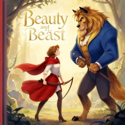 beauty and the beast cover book , girl with a red clothe and a crossbow near from a wolf beast