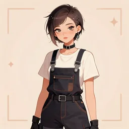 a beautiful androgynous punk girl with short hair who is a mechanic wearing overalls, digital illustration, digital concept art, digital painting, decorative minimal background, trending on artstation