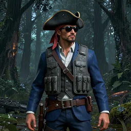 A man in a gray plate bulletproof vest on a blue suit, wearing a pirate cocked hat and sunglasses on his head stands against the background of a radioactive forest, graphics, fallout 4 render, 3d computer render, maximum details, rain, night, spotlight,