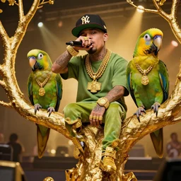 parrots wearing golden rings and necklaces, with rap cap on head, rapping and sitting on golden trees, rap scene, musical concert concept art, trending on artstation, highly detailed, digital art, 8 k