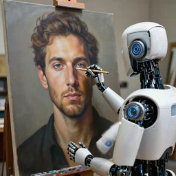 robot artist painting a self - portrait on a canvas. intricate, highly detailed, photorealistic, film still, by alexandros pyromallis.