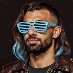 closeup painting of mo salah, wearing light blue shutter shades and a dark brown leather jacket, one side haircut, long brown hair with light blue ends, portrait, hyperdetailed, artstation, cgsociety, 8 k, synthwave by tangerine dream