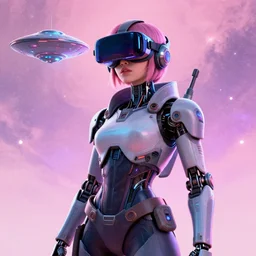 cyberpunk concept cool warrior girl bot, cinema 4 d, galaxy, ufo, space sci - fi, wearing vr goggles, illustration, portrait, pastel neon textured background night, trending on artstation, greg rutkowski, octane rendered, 1 2 k, detailed,
