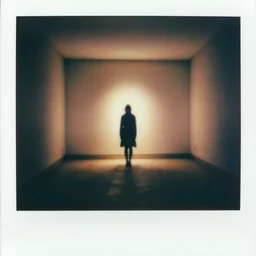 a bright silhouette hovers above the ground inside of a hall. liminal, cozy, dramatic soft color lighting ( 1 9 8 4 ). featured polaroid