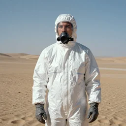 a man wearing a hazmat suit, in the desert, film still, Panavision PSR-200 35mm