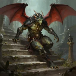 dungeons and dragons dragonborn falling down stairs, digital painting