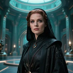 screenshot portrait of sith lord queen female villian, in a teal round Temple scene from lost star wars film from 1980s directed by Stanley Kubrick, 4k restoration, iconic shot, surreal sci fi set design, photoreal portrait Carrie fischer and Harrison Ford, detailed face, moody lighting stunning cinematography, hyper detailed, sharp, anamorphic lenses, kodak color film
