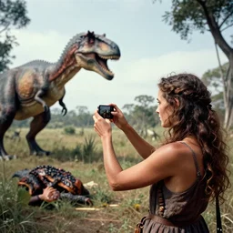 “ a primitive pre-human woman Neanderthal shooting a photo with an iPhone to a roasted dynosaur way, anthropology photography, color velvia Fuji film, National Geographic ”