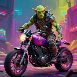 cinematic shot of a scifi post apocalyptic orcish biker, psychedelic vibrant colors, punk rock, by michael whelan art, sharp focus, realistic, highly detailed, 8 k