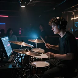 drumcomputer running amok in a club, 4k, low key lightning