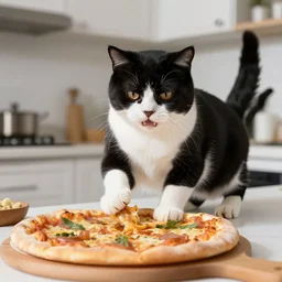 ugly black and white exotic shorthair cat making pizza in a modern kitchen, realistic photo,