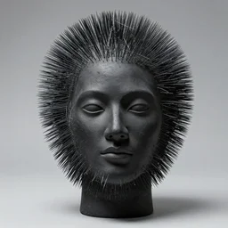 realistic photo of a full - height model of human head made of black rubber realistic made of black clay, covered in very very long hay spikes needles, center straight composition, 2 0 0 0, life magazine photo, museum archival photo