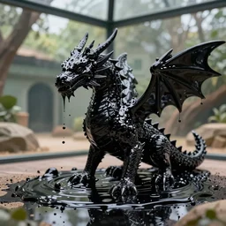 black dragon made of ferrofluid, in the zoo exhibit, viscous, sticky, full of black goo, covered with black goo, splattered black goo, dripping black goo, splattered goo, sticky black goo. photography, dslr, reflections, black goo, zoo, exhibit, v - ray, 3 d render, 8 k resolution, hyperreal