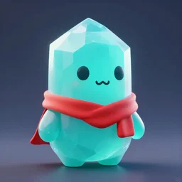 3D award winning blender render, sharp focus, a cyan crystal character design with cute, simplistic design and a red strip of cloth