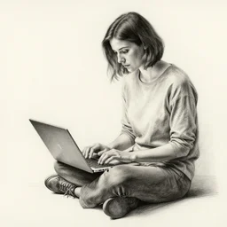 highly detailed charcoal drawing of woman sitting on the ground inside, working on her laptop by aron wiesenfeld