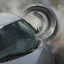 masterful fantastic realist painting of metal twists in the car again and the windshield is closing in feels like we can spin and spin for days, weird perspective, digital painting trending on artstation, volumetric lighting and mist, hyperrealistic, octane render