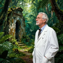 male old scientist explorer looking at ruins in jungle, elegant, high quality, striking, high contrast, very detailed, bright colours, smooth, fluid, coherent, high quality, dramatic lighting, by brom and magali villeneuve and mucha