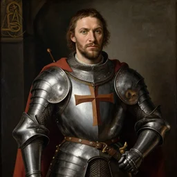 renaissance painting of Tom Hardy as crusader, wearing full armour, crusader cross on chest, by Arthur Adams, Diego Gisbert Llorens