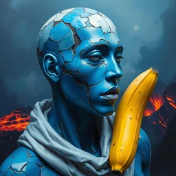 stunning person completely made out of chipped blue paint, banana, exposed pc circuitry!! and white glossy plastic, razer naga molten volcano backdrop, by greg rutkowski, oil on canvas, intricate design, high detail!!, trending on artstation, 4 k