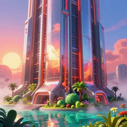 highly detailed futuristic architecture by richard rogers, reflective lighting, stylized vegetation, ground - level view, puddles of turquoise water, foggy atmosphere, stunning sunny lighting, sunrise, vivid colors, in the style of pixar animation, trending on artstation, 8 k, matte painting, ray tracing, hyper detailed, unreal engine 5, cinematic, epic lighting, cryengine, octane render, cyberpunk, red and orange glow, vibrant