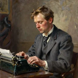 portrait of robert jordan seated at a typewriter, oil painting in a style blend of norman rockwell and frederick remington and mort kunstler,