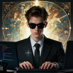 character concept portrait, symmetrical head - on centralized, young man with black - tinted sunglasses, formal black suit. coding on pc, detailed, high quality, dynamic lightning, fantasy, scenematic. artwork by artgerm, wlop, alex ross, greg rutknowski, alphonse mucha