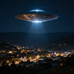 UFO over a small mountain town, realistic, night, dramatic lighting,