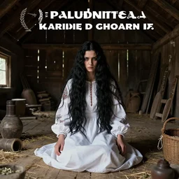 Hyper realistic detailed photo of a Paludnitsa! inside a dark! barn!. Perfect face, beautiful, white dress, menacing, melancholic, long black hair, highly detailed, sharp focus, art by Steve McCurry, detailed and intricate environment, wide angle, highly detailed, award winning.