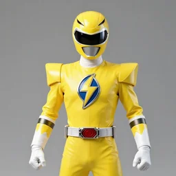 symmetry!! yellow ranger, thunderbolt shaped eyeshade, artstation, lightning helmet, 3 d, jumpsuit, gloves, futuristic logo,