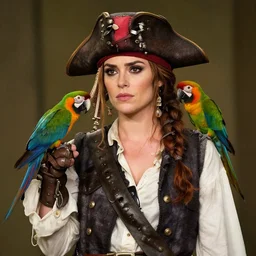 kim wexler from better call saul dressed as a pirate captain, ponytail hair,, she has a parrot