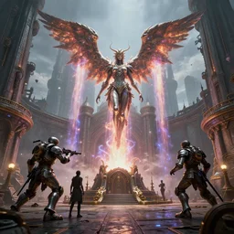 visually stunning, cinematic, ultra realistic, hyper realism, 1 2 k, epic, octane render, unreal engine, vfx, maya, aetherspouts : magicpunk seraphim statue knight, gathering at the gallows at the courtyard of a robust dieselpunk futuristic fantasy castle : dieselpunk creature, by nadezda and david stoupakis