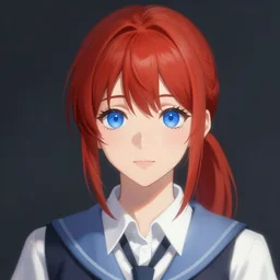 half body portrait of an anime girl with red ponytail and blue eyes wearing school uniform, digital painting, concept art, trending on artstation, deviantart, wonderful face, perfect skin shade, symmetrical face, wlop, 8 k