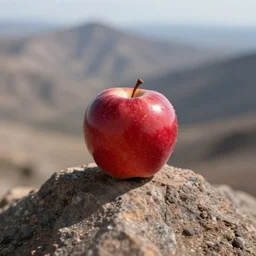 an apple is sitting on the peak of olympus mons, clear focus, bokeh effect, high res