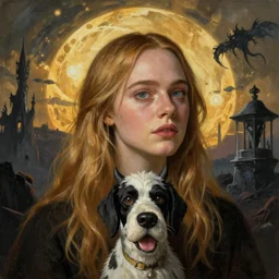 Elle Fanning in the painted world of Courage the Cowardly dog and Dark Souls, head and shoulders masterpiece, apocalypse, golden hour, cosmic horror, artstation, in the style of Andrew Wyeth and Edward Hopper and Bosch, extremely detailed