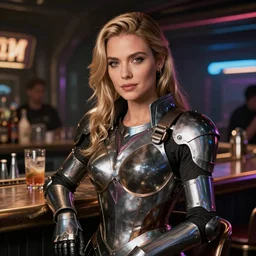 ashley judd in a cyberpunk city bar wearing impractical female armour, perfect proportions, beautiful face, perfect eyes, real life colors, elegant, sharp focus, hyper - realistic, 4 k, highly detailed, hd, dramatic lighting by brom