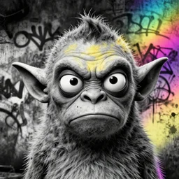 detailed closeup portrait of grey cute mr bean goblin looking funny, in the style of rob lefield and dan mumford, epic gradient, by atey ghailan, by greg rutkowski, by greg tocchini, by james gilleard, by joe fenton, by kaethe butcher, gradient neon rainbow, black and white color scheme, grunge aesthetic, graffiti tag