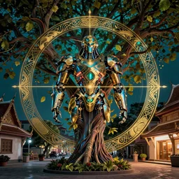 a streeet view of wat rong khun by charlie bowater and art germ, rule of thirds, golden ratio, art nouveau! cyberpunk! style, mechanical accents!, mecha plate armor, glowing leds, flowing wires with leaves, art nouveau accents, art nouveau patterns and geometry, rich deep moody colors