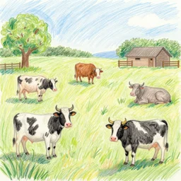 a poorly drawn crayon drawing of farm animals
