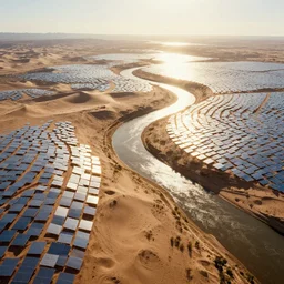 envelop our expansive deserts with panels, tame god's holy sunlight and let america's boundless energy flow across the land like a great river, high contrast cinematic light, bev doolittle and francois schuiten