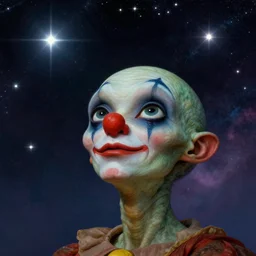 close - up portrait of a clown like alien looking up towards the stars wondering about other intelligence, stars and bright nebula, chesley bonestell, lucien rudaux, rolf klep