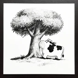 drawing from 1 9 2 0's disney animation, white paper, black & white, cow tree