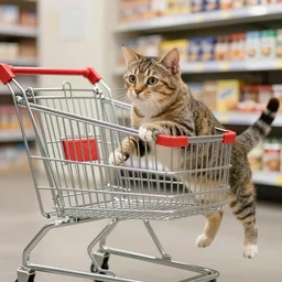 the cat pushing the shopping cart