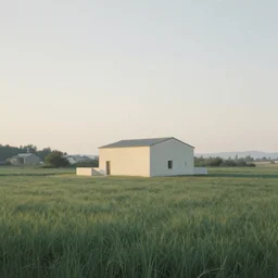 A serene landscape with a singular building in the style of Raphael Lacoste.